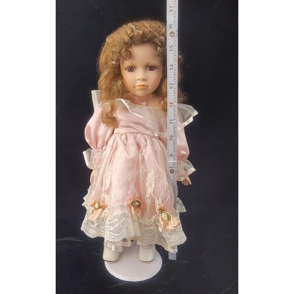 Vintage Collectible Porcelain Doll with Pink Satin and Lace Dress - Picture 12 of 15